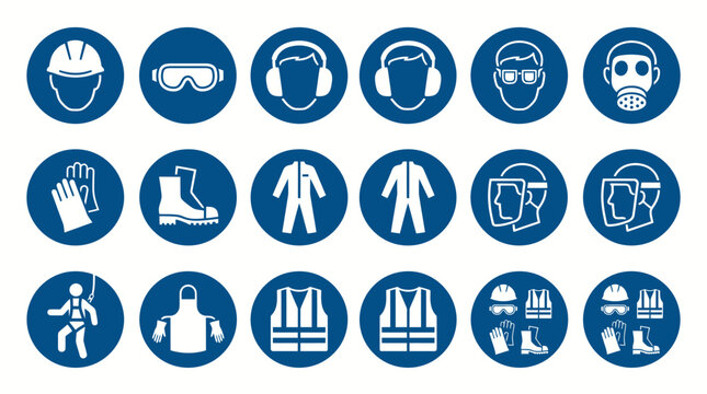 Set of mandatory safety equipment signs and personal protective gear icons.