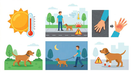 Obraz premium Vector illustration set showing dog heatstroke symptoms and prevention, from hot pavement to cool night walks, with a thermometer and sun