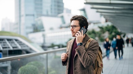 Fototapeta premium Man talking on smartphone while walking in city