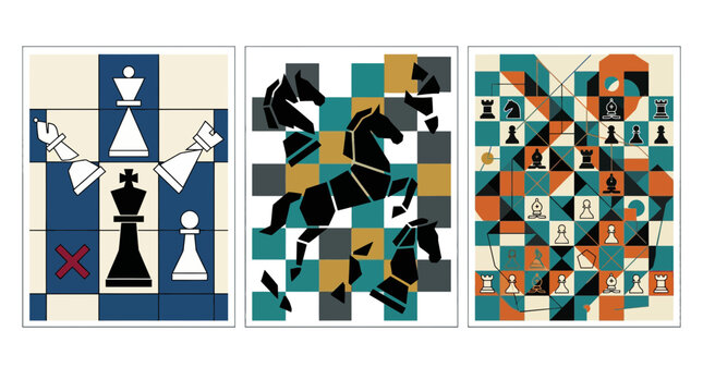 Modern abstract graphic art triptych interpreting chess strategy, dynamic piece movement, and board geometry with stylized designs for intellectual and visual appeal