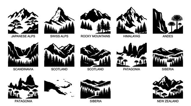 Set of monochrome mountain landscape icons and badges.