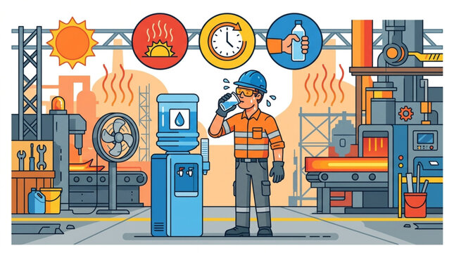 A tired factory worker in safety gear drinks water from a cooler near machinery, with icons indicating heat and time on a hot industrial workday
