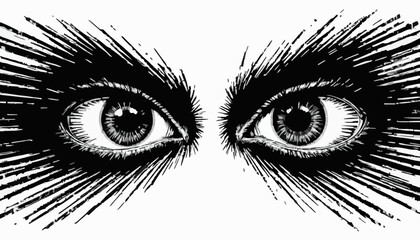 Obraz premium Dramatic Eyes with Long Spiky Eyelashes Black and White Illustration 