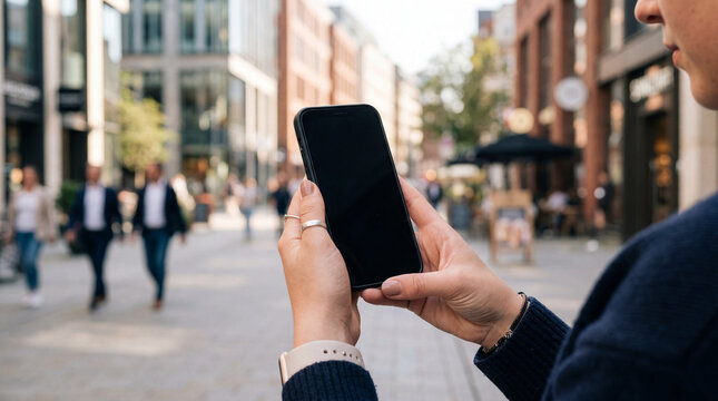 都会の街並みを背景に、画面が空白のスマートフォンを持つ人の手元、ビジネスやアプリ紹介用のコピースペース素材、Generative AI