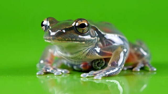 Closeup of a transparent frog with visible organs on a green background.