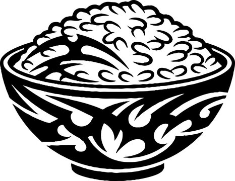 Ornate bowl of rice in tribal design black and white