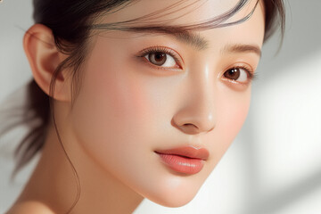 Fototapeta premium 美容, 女性, スキンケア, 化粧品, ビューティー, 若い女性, 美肌, 日本人, アジア人, フェイシャル, メイク, 美容液, 保湿, クリーム, エイジングケア, 美容医療, エステ, 美容クリニック, 肌ケア, ナチュラルメイク, 透明感, ツヤ肌, モデル, 笑顔, ポートレート, クローズアップ, リラックス, 癒し, 健康的, 美白, コラーゲン, ヒアルロン酸, アンチエイジング