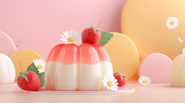 Colorful Dessert Display with Jelly Cake Topped with Fresh Strawberries and Mini Flowers in a Soft Pink Background with Pastel Shapes