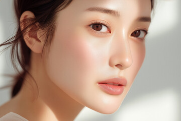 Naklejka premium 美容, 女性, スキンケア, 化粧品, ビューティー, 若い女性, 美肌, 日本人, アジア人, フェイシャル, メイク, 美容液, 保湿, クリーム, エイジングケア, 美容医療, エステ, 美容クリニック, 肌ケア, ナチュラルメイク, 透明感, ツヤ肌, モデル, 笑顔, ポートレート, クローズアップ, リラックス, 癒し, 健康的, 美白, コラーゲン, ヒアルロン酸, アンチエイジング