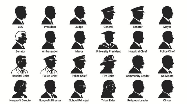Set of professional occupations and community leadership roles silhouette icons.