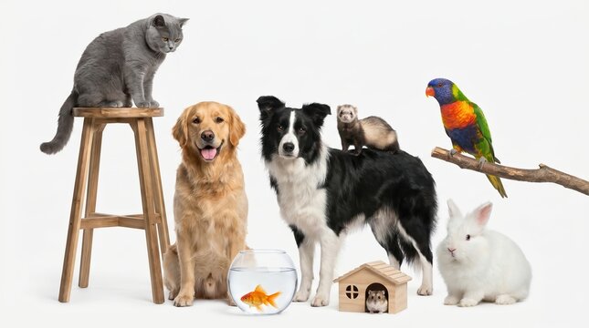 A group of domestic pets including a grey cat on a wooden stool a golden retriever a border collie a ferret a goldfish in a bowl a colorful parrot a small hamster in a house and a white rabbit
