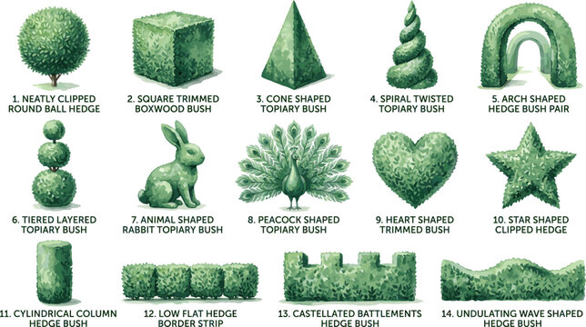 Set of Various Artistic Topiary Garden Bush Shapes and Clipped Hedge Styles.