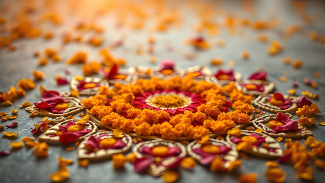Vibrant Marigold Petals Rangoli Pattern. Traditional Indian Floor Art Design. Colorful Festival Decoration for Diwali Celebrations.