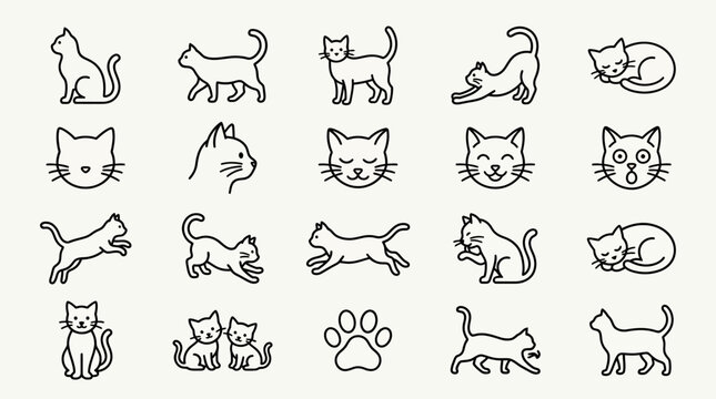 Set of various cat line art icons in different poses and expressions.