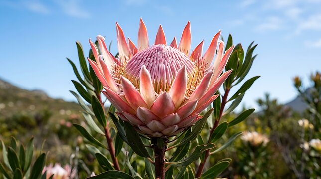 King protea flower blooming in the wild against a blue sky