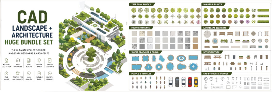 CAD landscape and architecture huge bundle set, professional architectural site plan symbols, isometric garden design elements for urban planning
