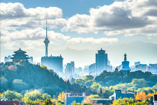 Wanchun Pavilion, Beihai Park, White Pagoda, and Central Radio and Television Tower in Beijing all in one frame