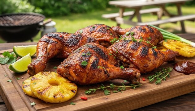 Grilled chicken quarters on wooden board