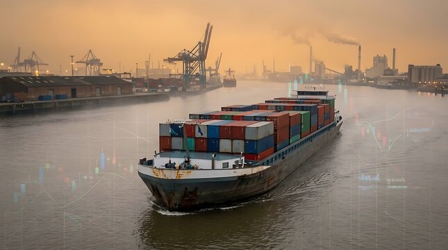 Container ship at industrial port with digital data overlays