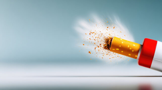 Smoking cessation symbol with a cigarette breaking apart against a soft blue background