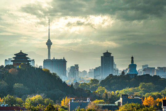 Wanchun Pavilion, Beihai Park, White Pagoda, and Central Radio and Television Tower in Beijing all in one frame