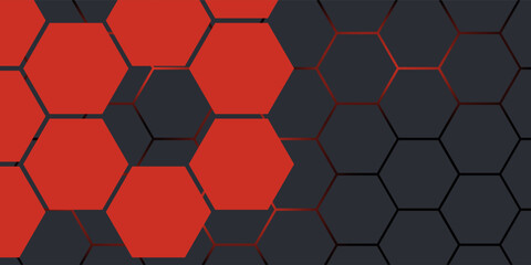 Obraz premium Red and dark gray hexagonal technology abstract vector background. flashes under hexagon in futuristic modern technology background.