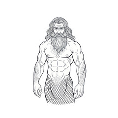 Mythical Sea King Triton Illustration, Muscular Merman Warrior with Beard © happy