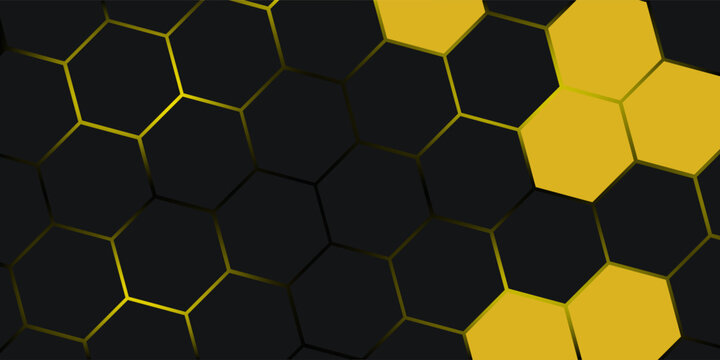 Dark gray hexagonal technology abstract vector background. Yellow bright energy flashes under hexagon in futuristic modern.