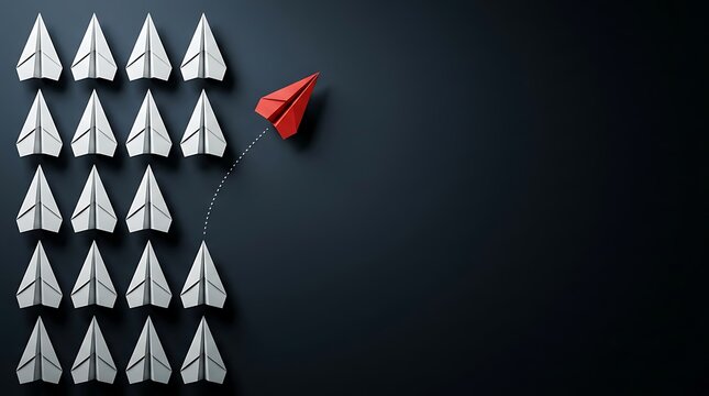 Red paper airplane flying apart from a group of white paper airplanes, symbolizing individuality and innovation in a dark background.