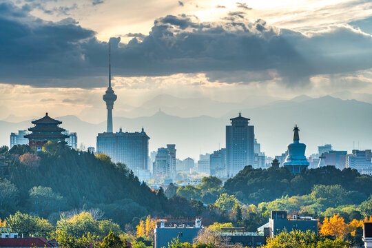 Wanchun Pavilion, Beihai Park, White Pagoda, and Central Radio and Television Tower in Beijing all in one frame