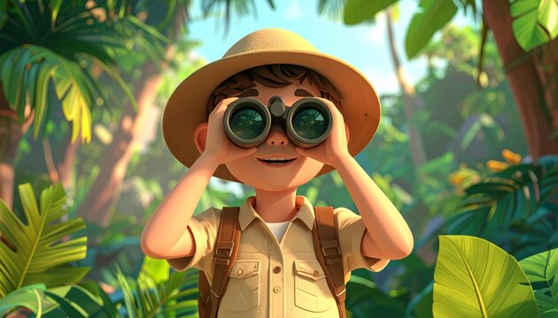 a cartoon boy wearing a hat and binoculars.