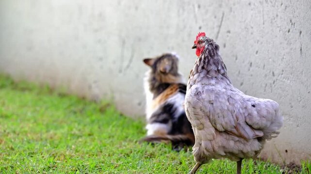 A calico cat and a chicken interact on green grass in a garden