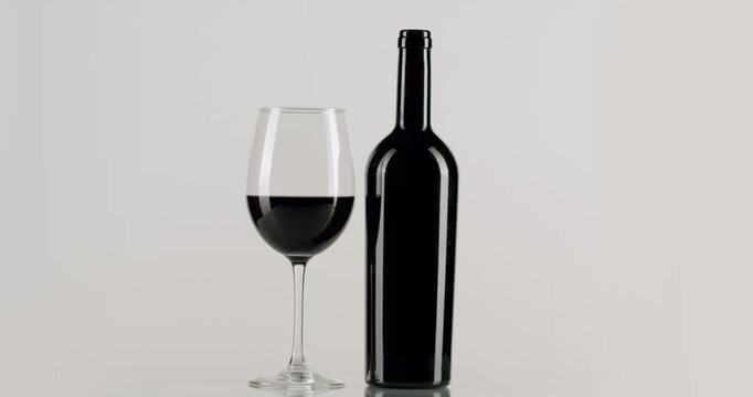 Elegant red wine glass and bottle gracefully sliding in slow motion against a clean white background, creating a sophisticated and minimalist visual for oenology and celebration concepts.