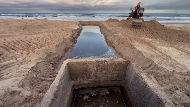 Tilt up shot of a backhoe loader working on a sandy beach, performing sand relocation for dune management under a partly cloudy sky.