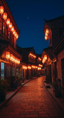 Fototapeta premium Traditional chinese street at night with lanterns old architecture and brick pavement serene urban landscape in asia.