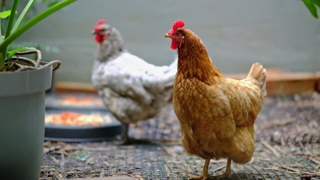 Two healthy backyard chickens and their food in a tropical garden