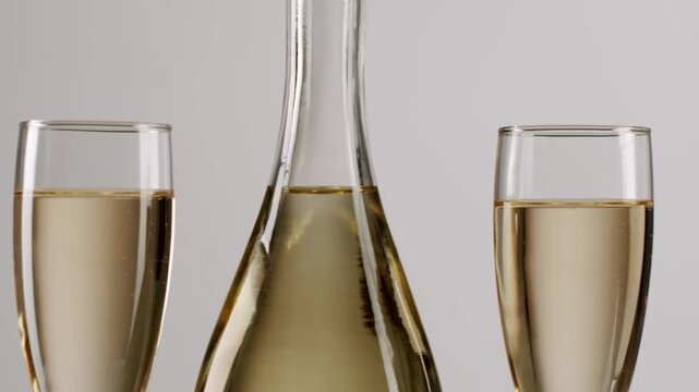 Golden champagne bubbles rising in elegant glasses next to a bottle of sparkling wine, representing a toast, party, or celebration on a clean, isolated light gray background