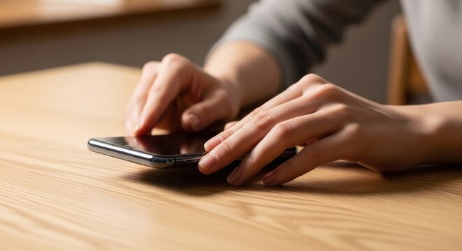 Close up of hands using a smartphone on a wooden table