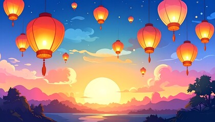 Fototapeta premium Vibrant lanterns floating in the sky.