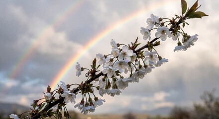 Fototapeta premium Vibrant cherry blossoms on a branch against a stunning double rainbow, capturing spring's renewal and nature's serene beauty after a gentle rain