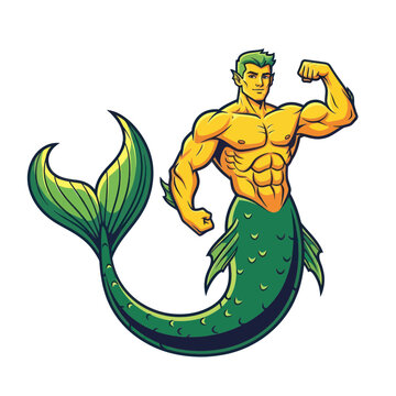 Muscular Merman Flexing Biceps, Mythical Creature with Green Tail, Cartoon Style