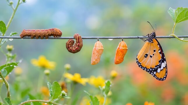 Life cycle of a monarch butterfly showing caterpillar larva chrysalis pupa and butterfly perched on a thin wire against a blurred green and yellow floral garden background