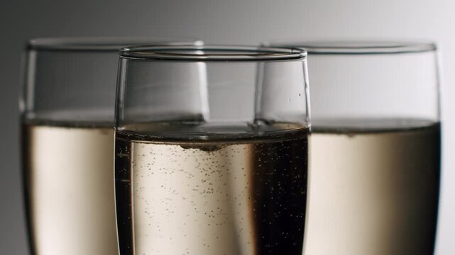 Slow-motion shot of elegant glasses filled with sparkling wine, showing delicate bubbles rising to the surface in a continuous, mesmerizing display of celebration against a plain background