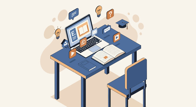 Online learning desk setup with laptop, books, and educational icons, e-learning concept
