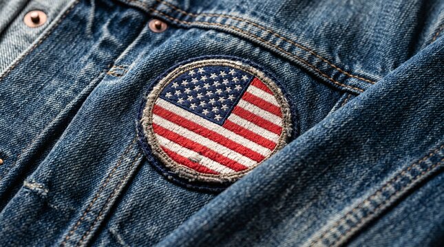 Embroidered American Flag Patch on Denim Jacket Detail