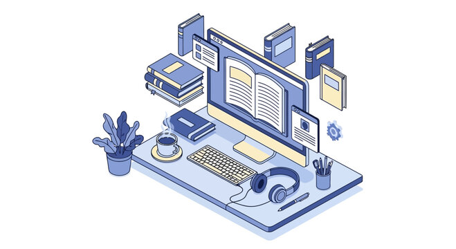 Online learning desk setup with computer, books, headphones, and plant