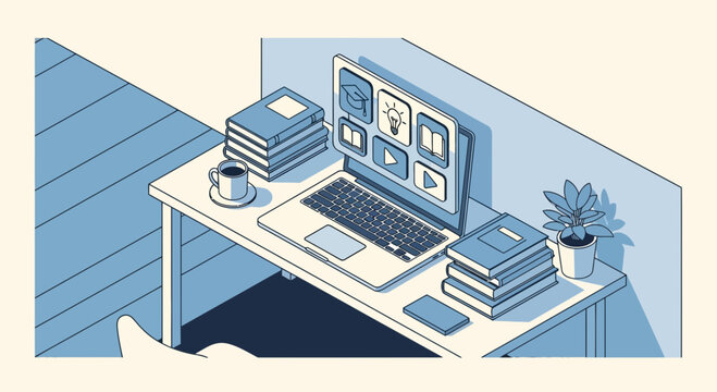 Online learning desk setup with laptop, books, coffee, and plant
