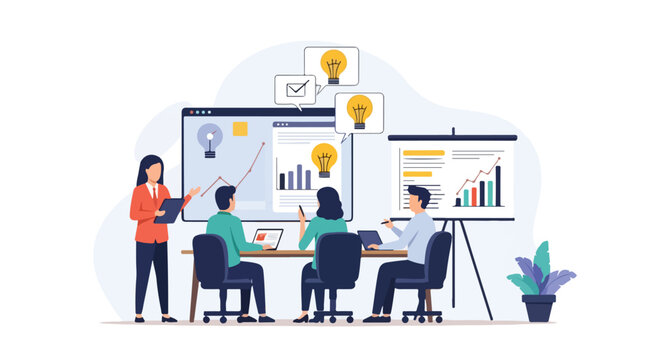 Professional team members collaborate during a brainstorming session in a modern office, using charts and lightbulb icons to develop business ideas.