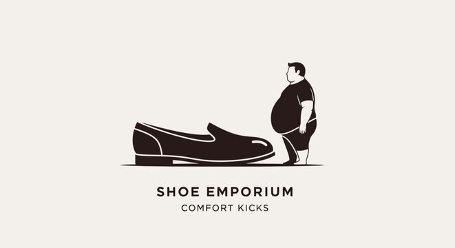 Minimalist person standing next to giant loafer shoe