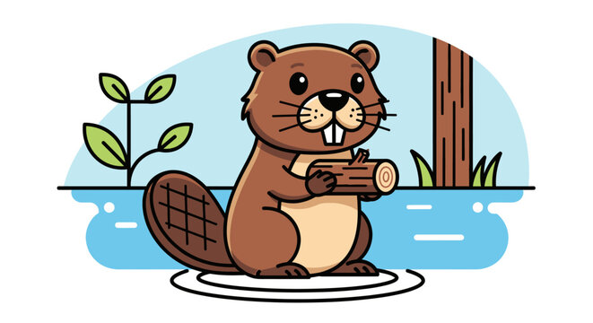 Cute cartoon beaver holding a log, building a dam in a pond, vector illustration